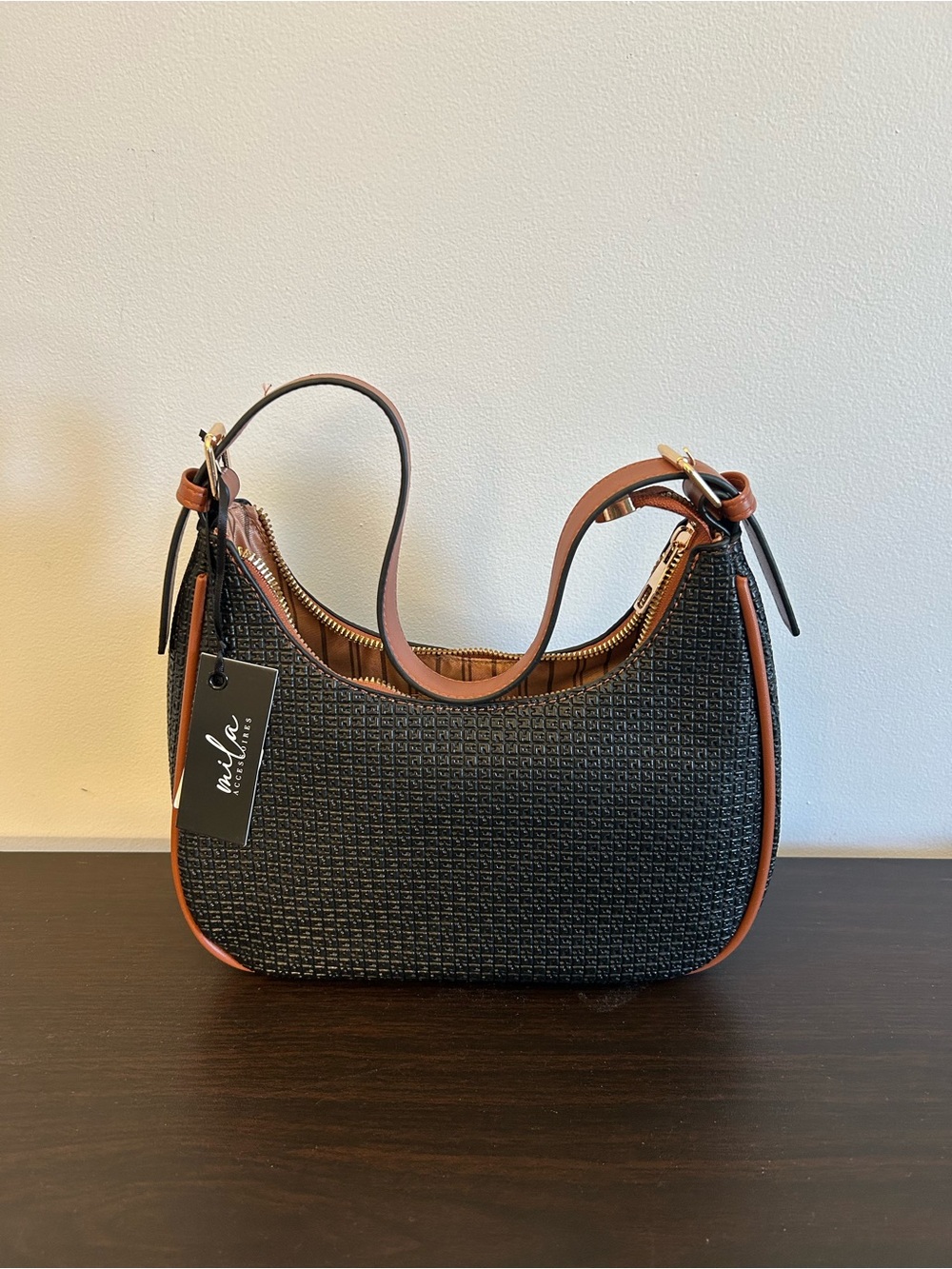 Mila Textured Black Shoulder Bag with Brown Trim